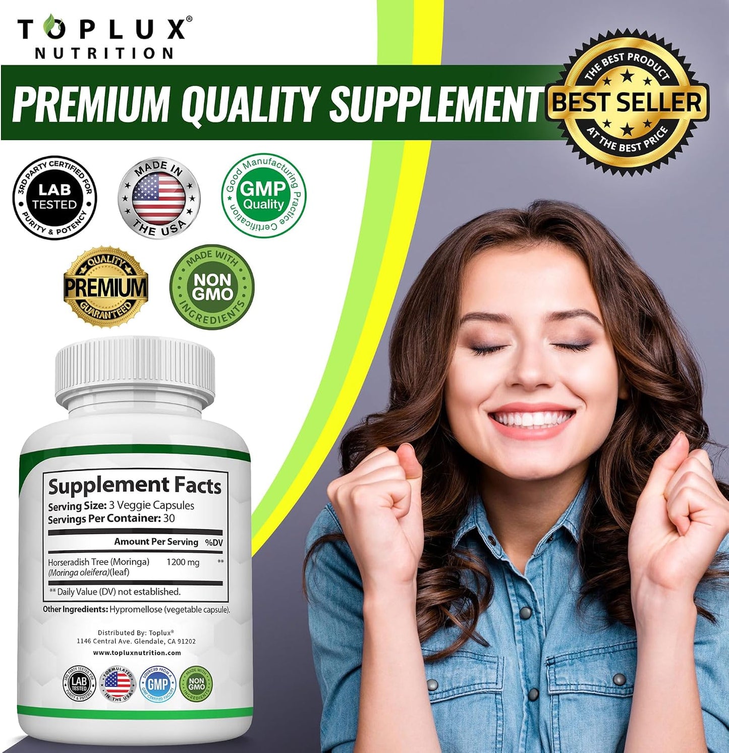 Toplux Moringa Capsules 1200mg – Pure Moringa Powder High Potency Leaf Extract Green Superfood Rich in Antioxidant, for Energy & Immune Support, Vegan Non-GMO