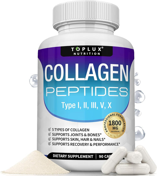 Toplux Multi Collagen Peptides Pills 1800 Mg Complex - Type I, II, III, V, X Premium Collagen Complex for Better Skin & Hair, Strong Joint, Hydrolyzed Protein