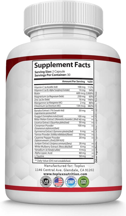 Blood Sugar Complex Supplement - Supports Healthy Blood Sugar Levels Already Within Normal Range All Natural with Cinnamon, Bitter Melon, Chromium, Mulberry, Alpha Lipoic Acid, Non-GMO