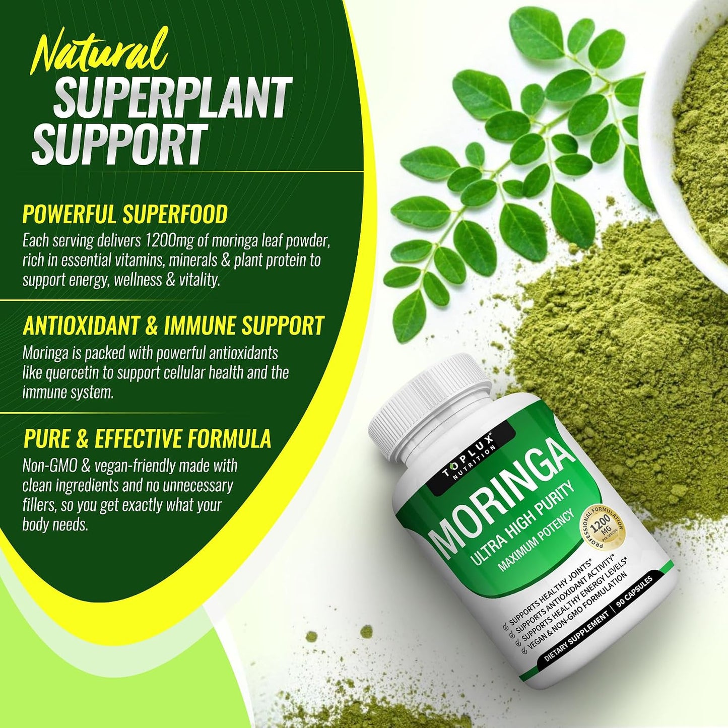 Toplux Moringa Capsules 1200mg – Pure Moringa Powder High Potency Leaf Extract Green Superfood Rich in Antioxidant, for Energy & Immune Support, Vegan Non-GMO