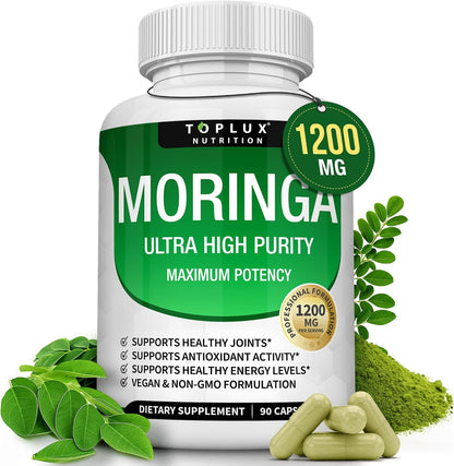 Toplux Moringa Capsules 1200mg – Pure Moringa Powder High Potency Leaf Extract Green Superfood Rich in Antioxidant, for Energy & Immune Support, Vegan Non-GMO