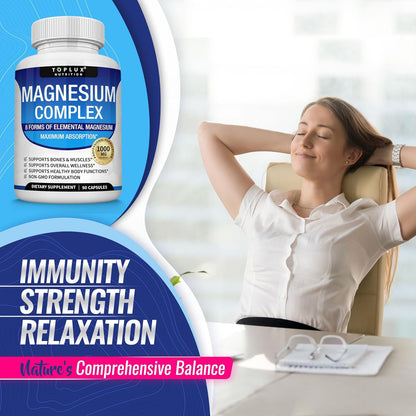 Magnesium Complex Supplement 8 Elemental 1000mg - Magnesium Glycinate, Citrate, Malate, Taurate, Chelated for Easy Absorption for Bones, Muscle, Recovery, Energy
