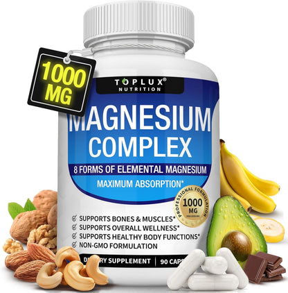 Magnesium Complex Supplement 8 Elemental 1000mg - Magnesium Glycinate, Citrate, Malate, Taurate, Chelated for Easy Absorption for Bones, Muscle, Recovery, Energy