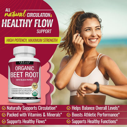 Toplux Organic Beet Root Powder Tablets - 2040mg Natural Nitric Oxide Beets to Support, Energy, Black Pepper Better Absorption
