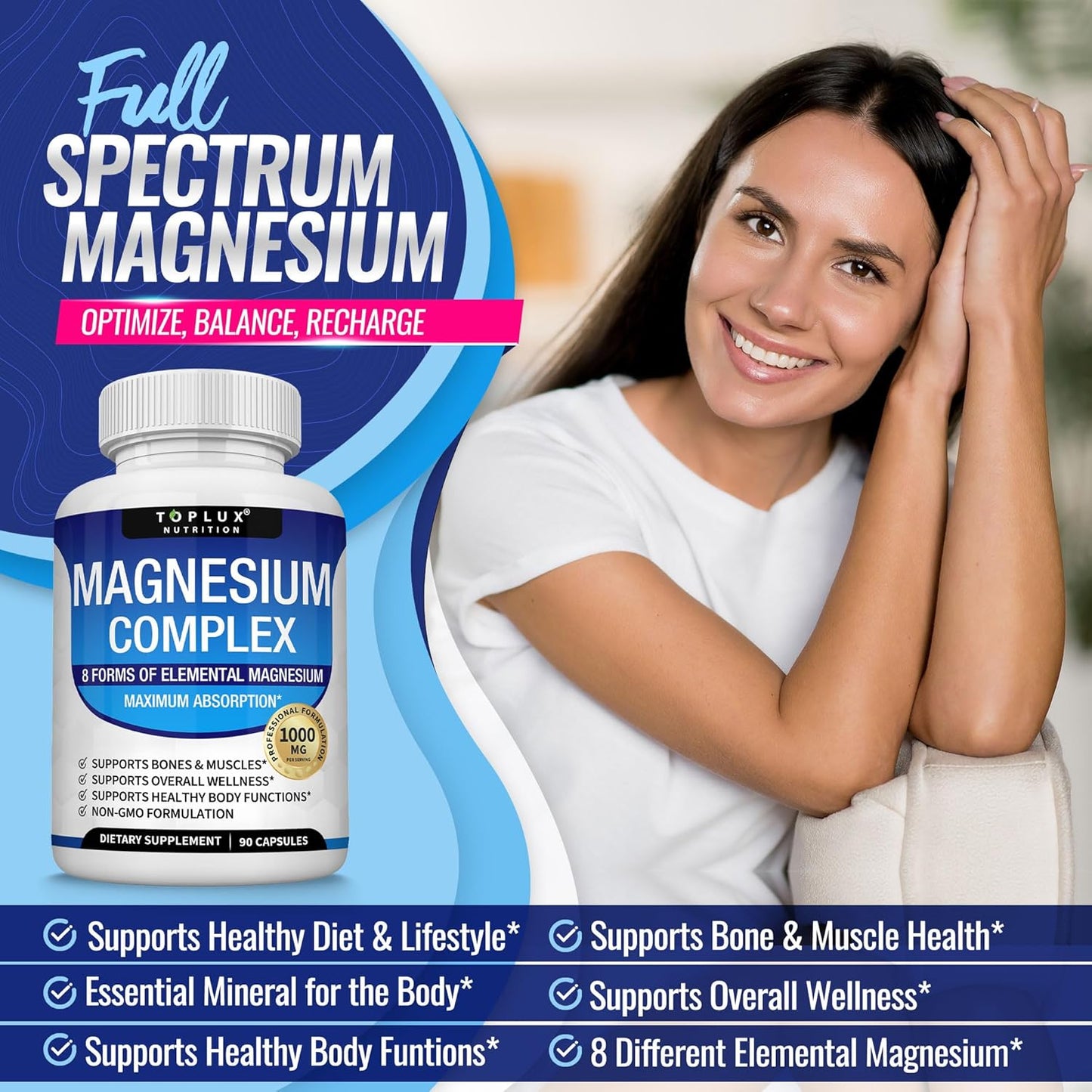 Magnesium Complex Supplement 8 Elemental 1000mg - Magnesium Glycinate, Citrate, Malate, Taurate, Chelated for Easy Absorption for Bones, Muscle, Recovery, Energy