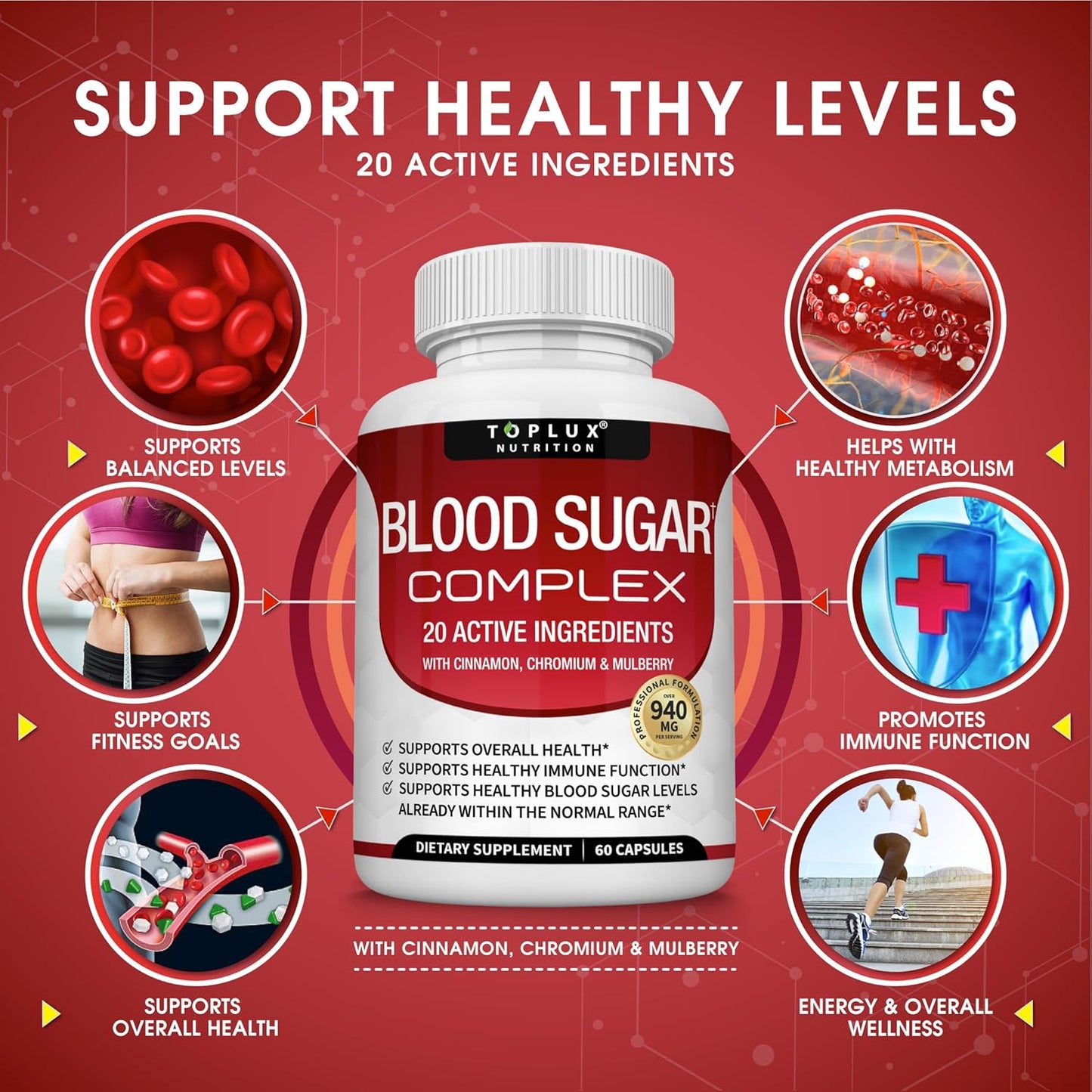 Blood Sugar Complex Supplement - Supports Healthy Blood Sugar Levels Already Within Normal Range All Natural with Cinnamon, Bitter Melon, Chromium, Mulberry, Alpha Lipoic Acid, Non-GMO