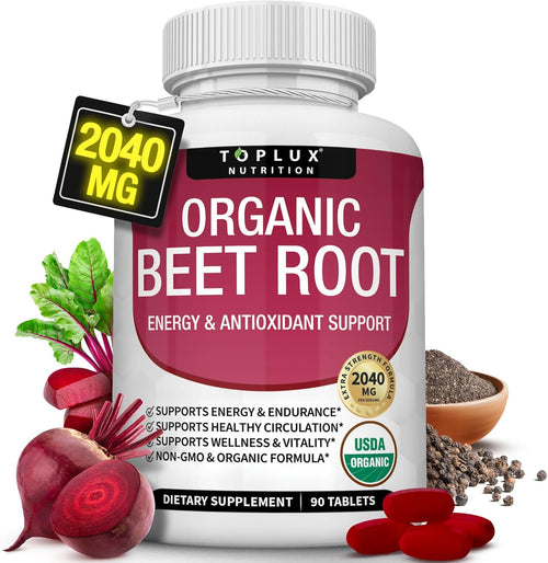 Toplux Organic Beet Root Powder Tablets - 2040mg Natural Nitric Oxide Beets to Support, Energy, Black Pepper Better Absorption