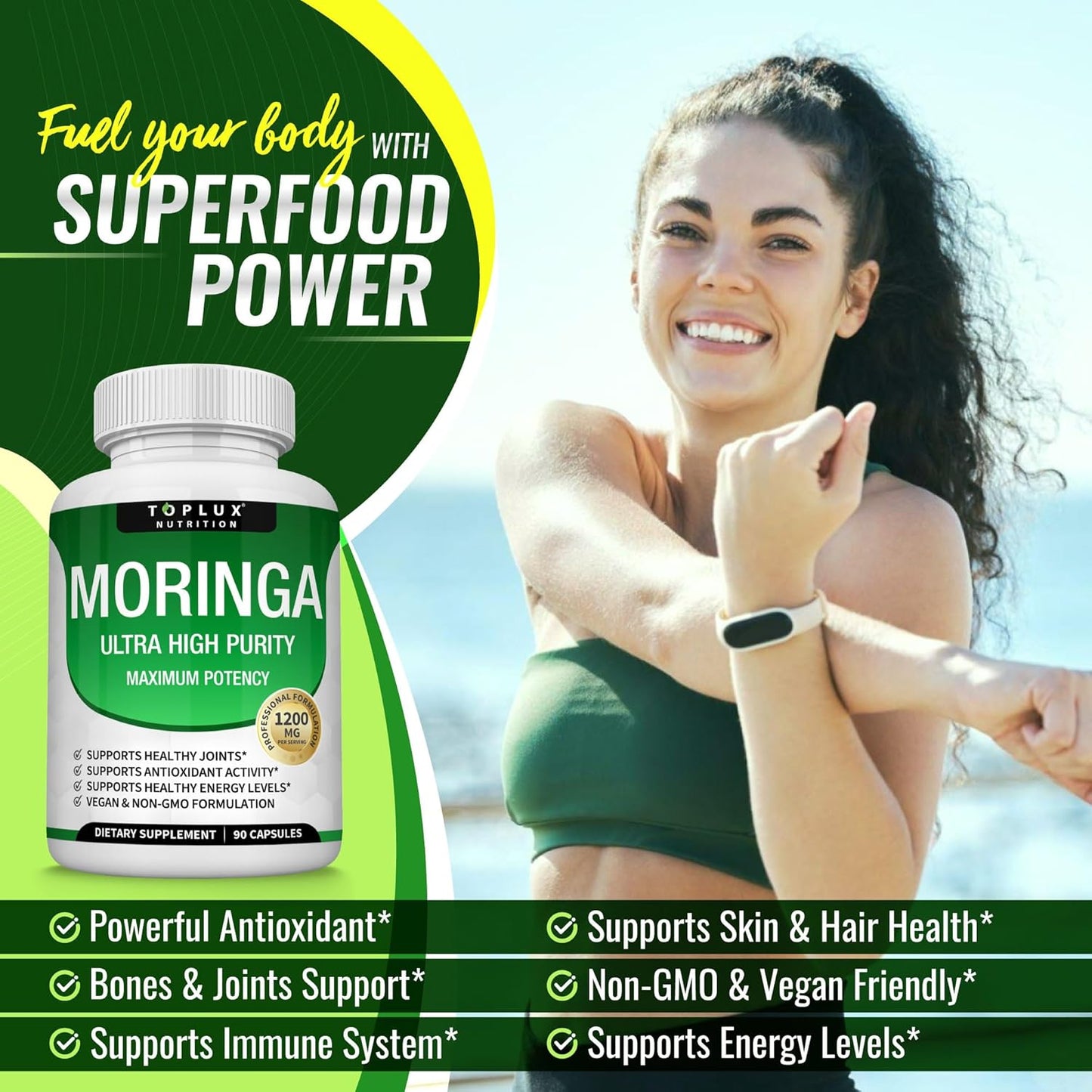 Toplux Moringa Capsules 1200mg – Pure Moringa Powder High Potency Leaf Extract Green Superfood Rich in Antioxidant, for Energy & Immune Support, Vegan Non-GMO