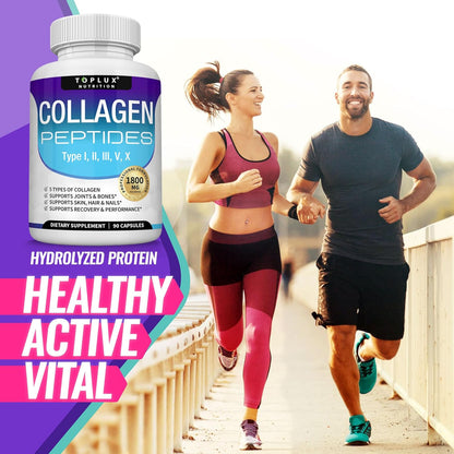Toplux Multi Collagen Peptides Pills 1800 Mg Complex - Type I, II, III, V, X Premium Collagen Complex for Better Skin & Hair, Strong Joint, Hydrolyzed Protein
