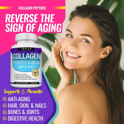 Toplux Multi Collagen Peptides Pills 1800 Mg Complex - Type I, II, III, V, X Premium Collagen Complex for Better Skin & Hair, Strong Joint, Hydrolyzed Protein