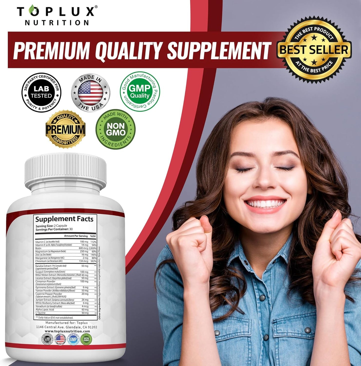 Blood Sugar Complex Supplement - Supports Healthy Blood Sugar Levels Already Within Normal Range All Natural with Cinnamon, Bitter Melon, Chromium, Mulberry, Alpha Lipoic Acid, Non-GMO