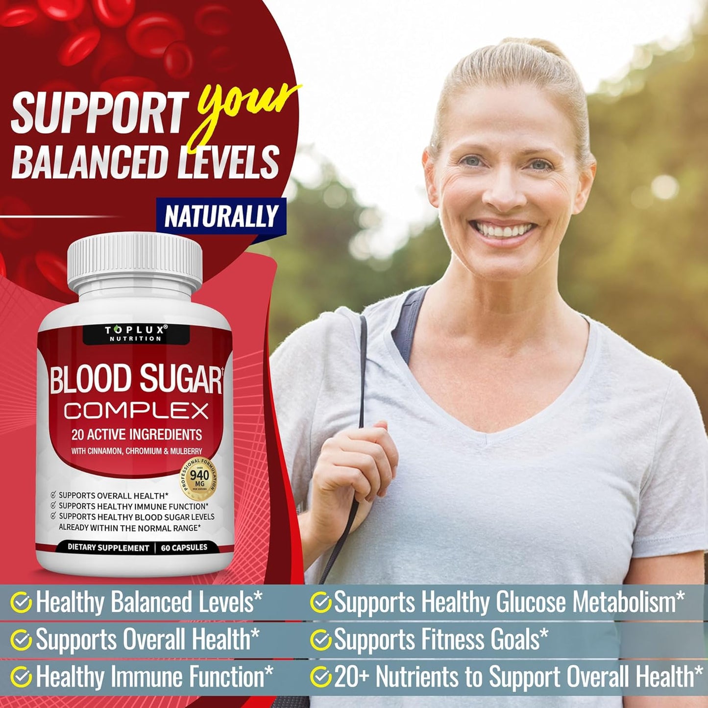 Blood Sugar Complex Supplement - Supports Healthy Blood Sugar Levels Already Within Normal Range All Natural with Cinnamon, Bitter Melon, Chromium, Mulberry, Alpha Lipoic Acid, Non-GMO