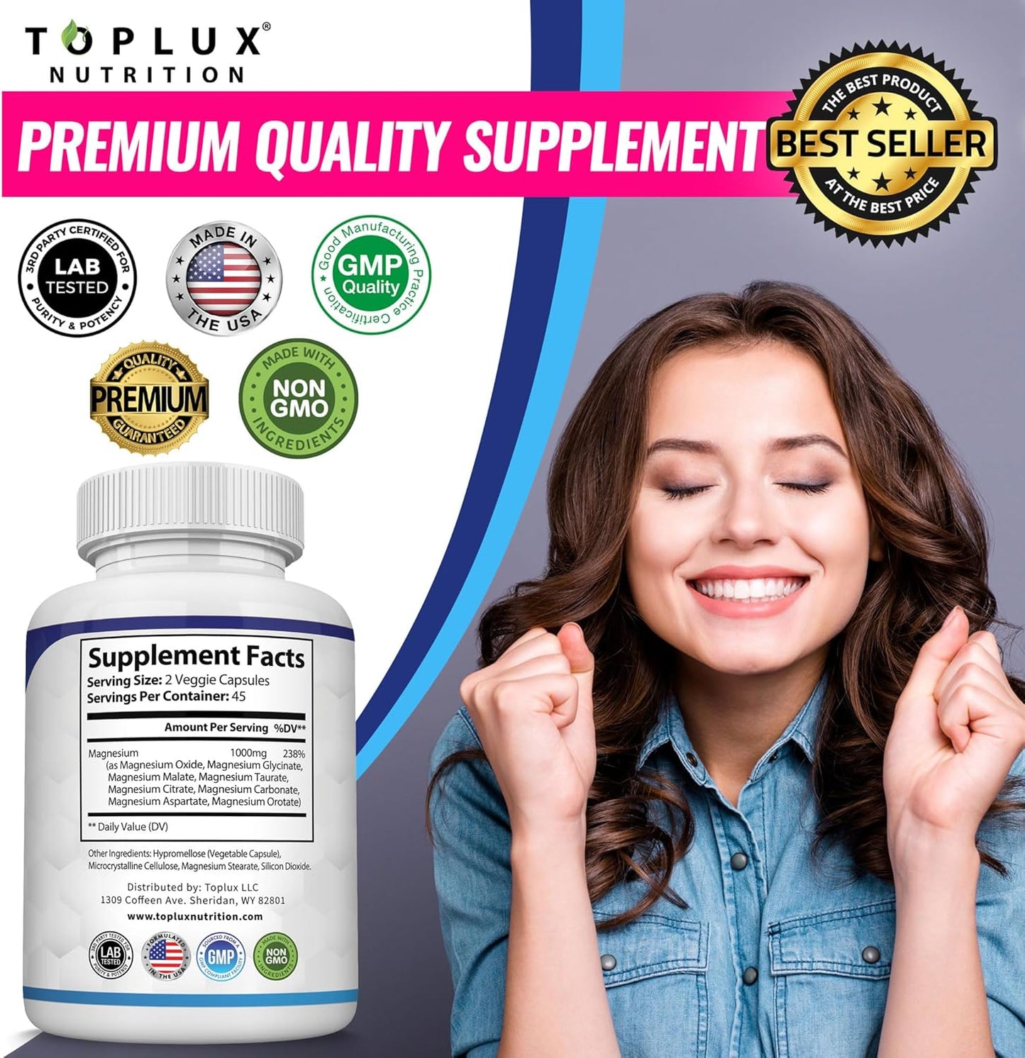 Magnesium Complex Supplement 8 Elemental 1000mg - Magnesium Glycinate, Citrate, Malate, Taurate, Chelated for Easy Absorption for Bones, Muscle, Recovery, Energy