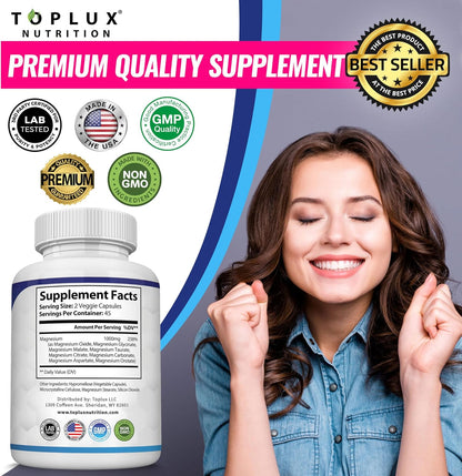 Magnesium Complex Supplement 8 Elemental 1000mg - Magnesium Glycinate, Citrate, Malate, Taurate, Chelated for Easy Absorption for Bones, Muscle, Recovery, Energy