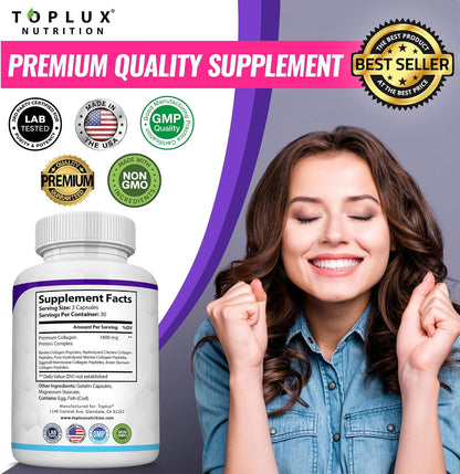 Toplux Multi Collagen Peptides Pills 1800 Mg Complex - Type I, II, III, V, X Premium Collagen Complex for Better Skin & Hair, Strong Joint, Hydrolyzed Protein