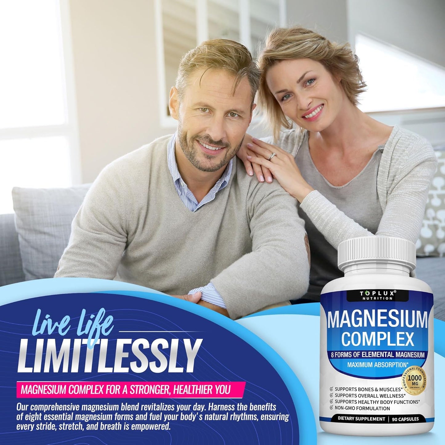 Magnesium Complex Supplement 8 Elemental 1000mg - Magnesium Glycinate, Citrate, Malate, Taurate, Chelated for Easy Absorption for Bones, Muscle, Recovery, Energy