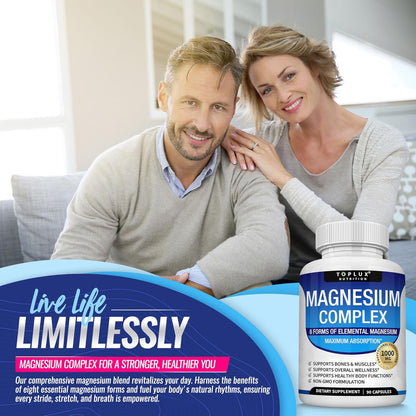 Magnesium Complex Supplement 8 Elemental 1000mg - Magnesium Glycinate, Citrate, Malate, Taurate, Chelated for Easy Absorption for Bones, Muscle, Recovery, Energy