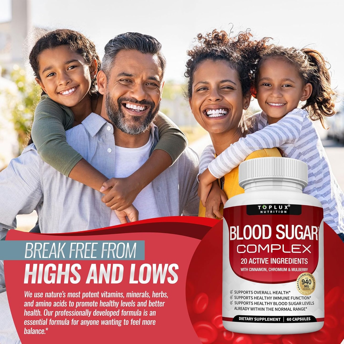 Blood Sugar Complex Supplement - Supports Healthy Blood Sugar Levels Already Within Normal Range All Natural with Cinnamon, Bitter Melon, Chromium, Mulberry, Alpha Lipoic Acid, Non-GMO