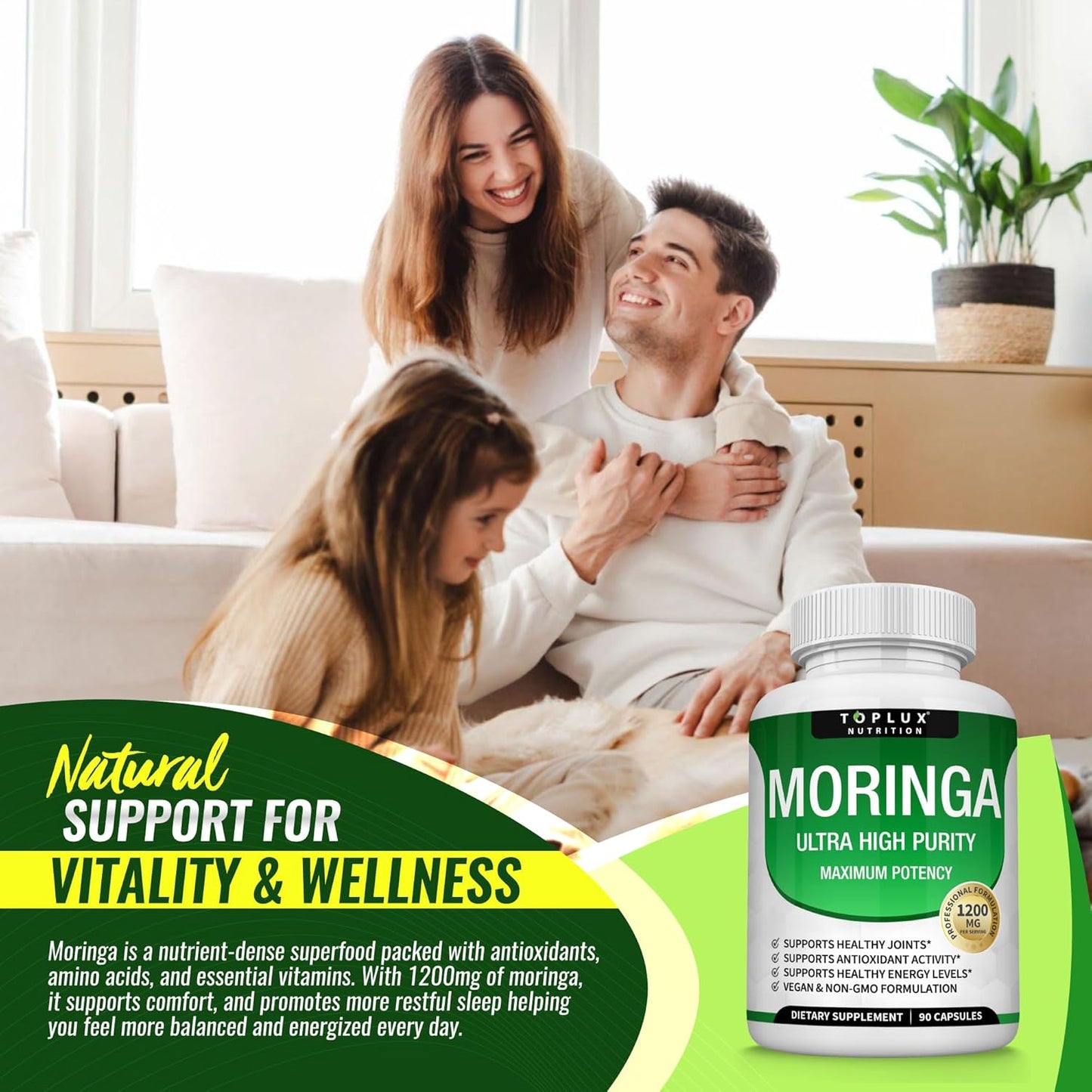 Toplux Moringa Capsules 1200mg – Pure Moringa Powder High Potency Leaf Extract Green Superfood Rich in Antioxidant, for Energy & Immune Support, Vegan Non-GMO