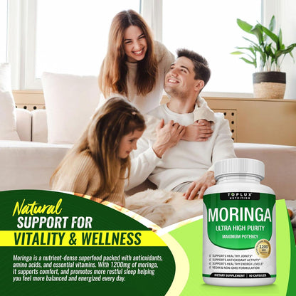 Toplux Moringa Capsules 1200mg – Pure Moringa Powder High Potency Leaf Extract Green Superfood Rich in Antioxidant, for Energy & Immune Support, Vegan Non-GMO