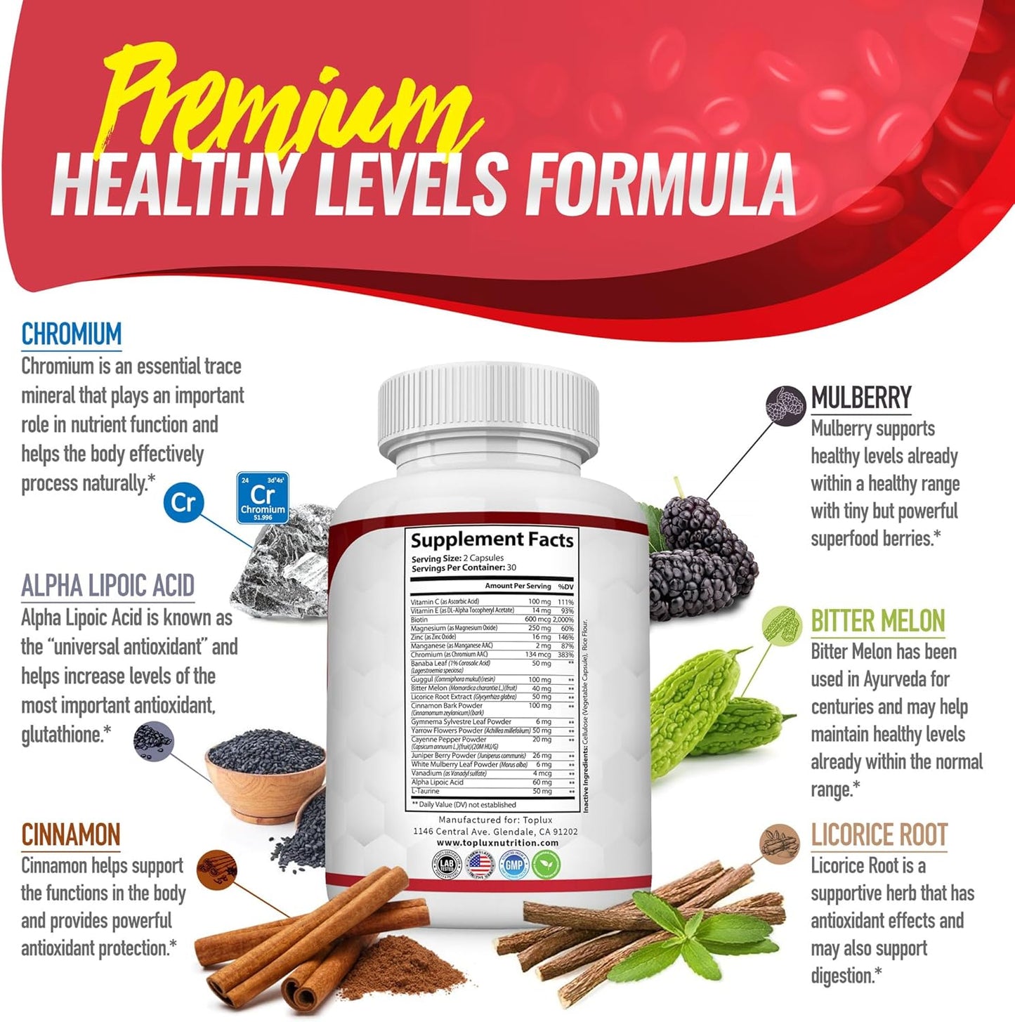 Blood Sugar Complex Supplement - Supports Healthy Blood Sugar Levels Already Within Normal Range All Natural with Cinnamon, Bitter Melon, Chromium, Mulberry, Alpha Lipoic Acid, Non-GMO