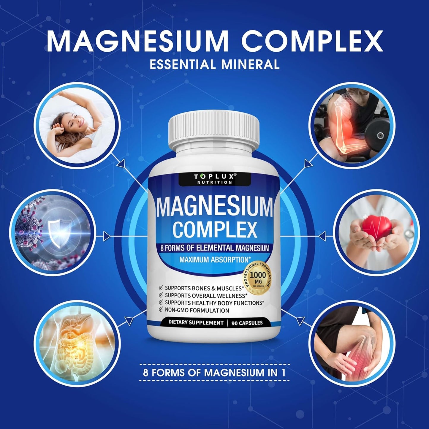 Magnesium Complex Supplement 8 Elemental 1000mg - Magnesium Glycinate, Citrate, Malate, Taurate, Chelated for Easy Absorption for Bones, Muscle, Recovery, Energy