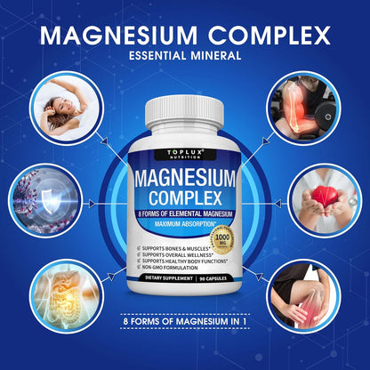 Magnesium Complex Supplement 8 Elemental 1000mg - Magnesium Glycinate, Citrate, Malate, Taurate, Chelated for Easy Absorption for Bones, Muscle, Recovery, Energy