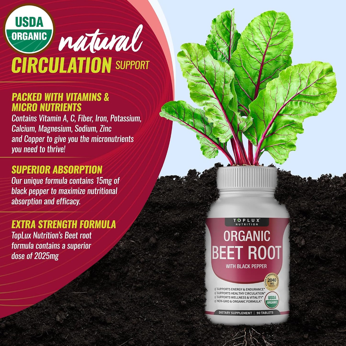 Toplux Organic Beet Root Powder Tablets - 2040mg Natural Nitric Oxide Beets to Support, Energy, Black Pepper Better Absorption