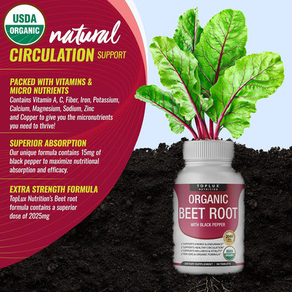 Toplux Organic Beet Root Powder Tablets - 2040mg Natural Nitric Oxide Beets to Support, Energy, Black Pepper Better Absorption